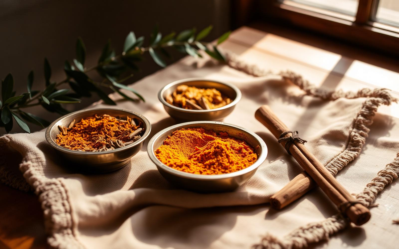 Brass bowls of Ayurvedic herbs and spices on linen in morning light